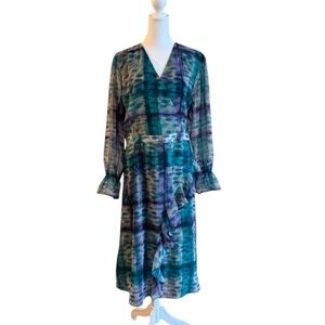 Soft Surroundings Watercolor Midi Dress XL Ruffle Sheer Long Sleeve Boho VNeck